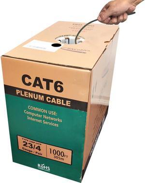 CAT6 Plenum (CMP) Cable, 1000FT | 23AWG 4Pair, Solid 550MHz Network Cable Unshielded Twisted Pair (UTP) Black
