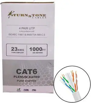 CAT6 Plenum (CMP) Cable, 100% Solid Bare Copper, 1000FT | 23AWG 4Pair, Solid 550MHz Network Cable Unshielded Twisted Pair (UTP) White