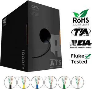 Cat6 Plenum 1000 ft Bulk CMP 550 Mhz Ethernet Rated Cable Black