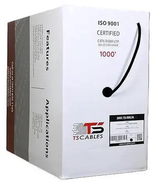 TSCables | Cat6 Riser (CMR) Bulk Ethernet Cable 1000ft, 23AWG Solid Bare Copper, 550MHz, PoE++ (4PPoE), High-Performance Network Cable, Unshielded Twisted Pair (UTP) (Black, 1000ft)