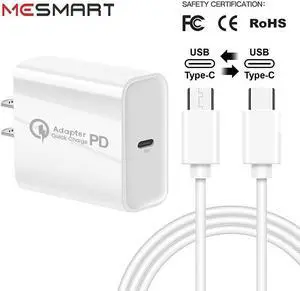Fast PD Type C Wall Charger Power Adapter & USB-C To USB-C Charging Cable For iPhone 15 Pro Max Plus / Samsung Galaxy S23 S22 Ultra 5G S23+ A54 A34 A14 A03s / Google 8 7 6 Pro 8a 7a White 3 ft.