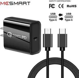 Fast PD Type C Wall Charger Power Adapter & USB-C To USB-C Charging Cable For iPhone 15 Pro Max Plus / Samsung Galaxy S23 S22 Ultra 5G S23+ A54 A34 A14 A03s / Google 8 7 6 Pro 8a 7a Black 3 ft.