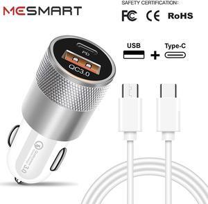 Fast USB + Type C Car Charger Power Adapter & USB-C To USB-C Charging Cable For iPhone 15 Pro Max Plus / Samsung Galaxy S23 S22 Ultra 5G S23+ A54 A34 A14 A03s /Google 8 7 6 Pro 8a 7a White 3 ft.