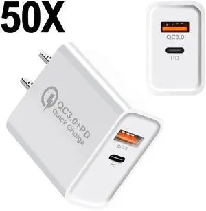 Mesmart 50 Pack US Fast PD QC 3.0 USB+Type C Wall Home Charger Power Adapter Wholesale Bulk Lot For iPhone 16e 15 14 13 12 Pro Max,Samsung Galaxy S25/S24,Z Fold7 6 5 Flip7 6 5,Google Pixel 9a 8a 7a 6a