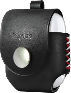 VogDUO- Italian Genuine Leather Case for AirPods, portable carry case, Lightning port slot design, Belt Loop design, premium metal hook for the bag, keychain or jeans, YKK button applied- Black