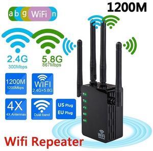 Wireless 2.4G/5G Dual Band WiFi Repeater 1200Mbps Wireless AP Range Extender Wifi Signal Amplifier with 4 Antennas for Hotel/Home/Office(Black)