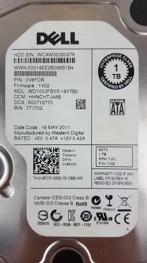 Dell Western Digital 1TB 7.2K SATA HDD Hard Drive 3.5'' WCAW32060976 V8FCR