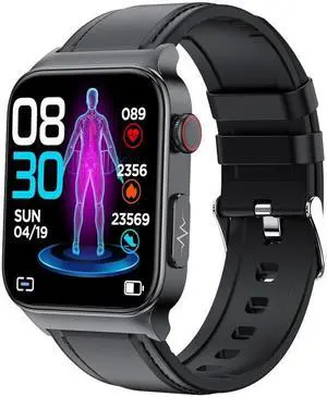 E500 1.83 inch HD Square Screen Leather Watch Strap Smart Watch Supports ECG Monitoring / Non-invasive Blood Sugar Leather Strap(Black) (Black)