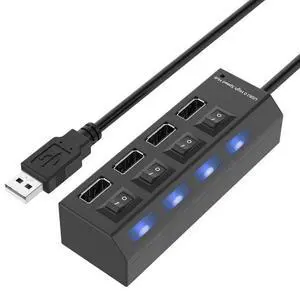 4 Ports USB Hub 2.0 USB Splitter High Speed 480Mbps with ON/OFF Switch, 4 LED(Black)