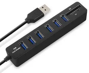 Multi USB 2.0 Hub USB Splitter High Speed 6 Ports with TF SD Card Reader(Black)
