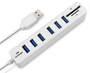 Multi USB 2.0 Hub USB Splitter High Speed 6 Ports with TF SD Card Reader(White)