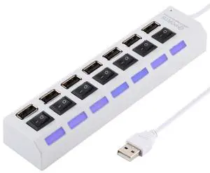 7 Ports USB Hub 2.0 USB Splitter High Speed 480Mbps with ON/OFF Switch / 7 LEDs (White)