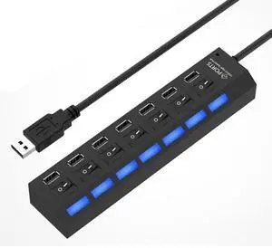 7 Ports USB Hub 2.0 USB Splitter High Speed 480Mbps with ON/OFF Switch / 7 LEDs (Black)