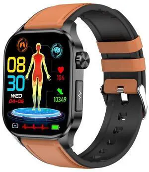 ET580 2.04 inch AMOLED Screen Sports Smart Watch Support Bluetooth Call / ECG Function (Brown Leather Band)