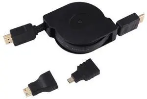 1m HDMI Male to HDMI Male Retractable Video Audio Connector Adapter Cable with Mini HDMI & Micro HDMI Adapters for HDTV Monitor & Projector & PC & Cameras & Tablets & Smartphones