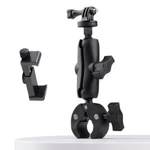 Extended Version 360 Rotation Adjustable Action Camera Bike Motorcycle Handlebar Holder with Phone Clamp (Black)