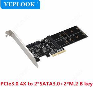 PCIe3.0 4X to 2x SATA3.0 + 2x M.2 B Key NGFF SSD PCI-E to SATAIII 6Gbps Controller Adapter Expansion Card for Desktop HDD SSD