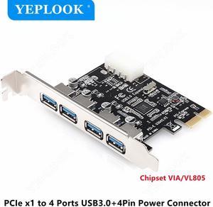 4 Port USB3.0 PCIe 1x PCI Express Adapter Expansion Control Card 5Gbps with 4Pin Power Connector USB 3.0 Hub Chipset VIA VL805