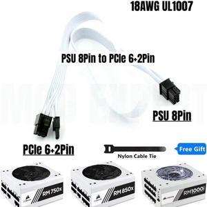 White GPU Power Cable PSU 8Pin to PCIe 6+2Pin for CORSAIR RM750x RM850x RM1000i RMx/RMi Series Modular Power Supply 18AWG 60cm