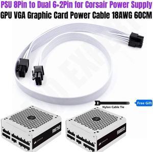 White PSU 8Pin to PCIe Dual 6+2Pin GPU Power Cable 18AWG 60CM for CORSAIR RM750 RM850 RM Series (2021) Modular Power Supply Unit
