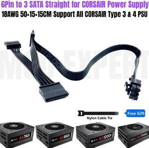 6Pin to 3 Port SATA Power Cable Straight 18AWG for CORSAIR AX760i AX860i AX1200i AX1500i Modular PSU Support SSD HDD Riser Cards