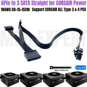 6Pin to 3 SATA SSD HDD Hard Drive Riser Card Power Cable Straight 18AWG for CORSAIR HX650 HX750 HX850 HX1050 GOLD Modular PSU