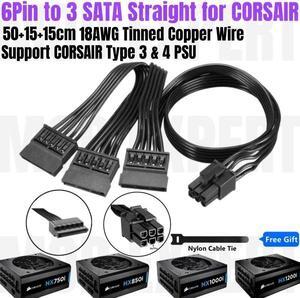 6Pin to 3 SATA Straight SSD HDD Hard Drive Riser Card Power Cable for HX750i HX850i HX1000i HX1200i Modular PSU 18AWG 50+15+15CM