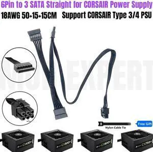 6Pin to 3 SATA Straight SSD HDD Riser Card Power Cable for CORSAIR CX430M CX500M CX600M CX750M CX850M Semi Modular PSU 18AWG
