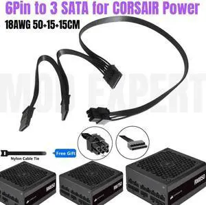 6Pin to 3 SATA Male Straight SSD HDD Power Cable 18AWG for CORSAIR RM450 RM550 RM650 RM750 RM850 RM1000 Platinum Modular PSU