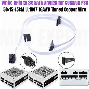 White 6Pin to 3x SATA Right Angled HDD SSD Power Cable for CORSAIR White RM750 RM850 Modular Power Supply Unit 50+15+15CM 18AWG