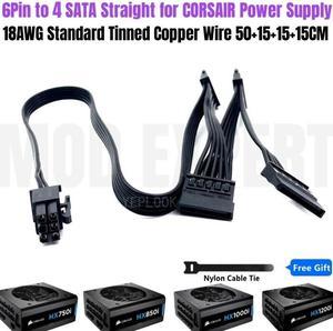6Pin to 4x SATA 15Pin Straight for HX750i HX850i HX1000i HX1200i Modular PSUs Hard Drive HDD SSD Power Cable 18AWG 50+15+15+15CM