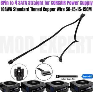 6Pin to 4 SATA Power Cable for Hard Drive HDD SSD Riser Card Support CORSAIR HX650 HX750 HX850 HX1050 GOLD Modular PSU 18AWG
