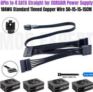 6Pin to 4 SATA Straight Hard Drive HDD SSD Cable for CORSAIR HX750 HX850 HX1000 HX1200 Type 4 Modular Power 18AWG 50+15+15+15CM