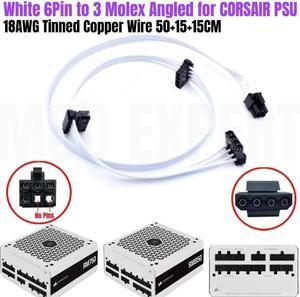 White 6Pin to 3 Molex IDE PATA 4Pin Angled Case Fan Power Cable for CORSAIR RM750 RM850 RM White Modular PSU 50+15+15CM 18AWG
