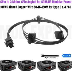 6Pin to 3 Molex IDE 4Pin Angled PATA Perif Fan Optical HDD Floppy Drive Power Cable for CORSAIR AX760i, AX860i, AX1200i, AX1500i