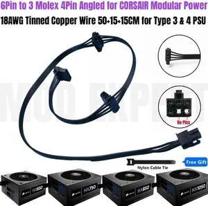 6Pin to 3 Molex IDE PATA Perif 4Pin Angled HDD Floppy Drive Fan Power Cable for CORSAIR HX650, HX750, HX850, HX1050 Modular PSU