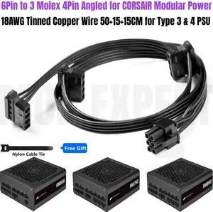 6Pin to 3 Molex 4Pin IDE PATA Perif Fan Power Cable for CORSAIR RM(2019) RM450, RM550, RM650, RM750, RM850, RM1000 Modular PSU