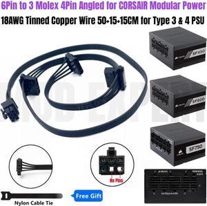 6Pin to 3 Molex 4Pin Angled IDE PATA Perif Fan Power Cable for CORSAIR SF700 700W, SF600 600W, SF450 450W Type 4 Modular PSU