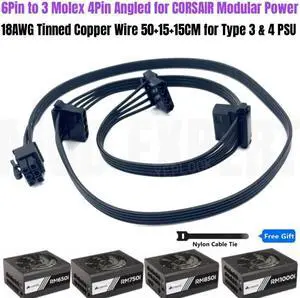 6Pin to 3 Molex 4Pin Angled IDE PATA Perif Fan Power Cable for CORSAIR RM550i, RM650i, RM750i, RM850i, RM1000i TYPE4 Modular PSU