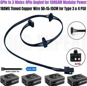 6Pin to 3 Molex 4Pin IDE PATA Perif Cooler Fan Power Cable Angled for CORSAIR HX750 HX850 HX1000 HX1200 TYPE 4 Modular PSU 18AWG