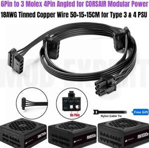 6Pin to 3 Molex 4Pin Angled IDE PATA Perif Fan Power Cable for CORSAIR RM550e, RM650e, RM750e, RM850e, RM1000e TYPE4 Modular PSU