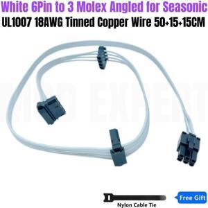 White 6Pin to 3 Molex IDE 4Pin Angled Case Fan Power Cable for Seasonic PRIME, FOCUS, Platinum, CORE, M12II EVO, SnowSilent PSU
