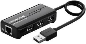 UGREEN 20264 3 Ports USB 2.0 HUB Splitter + 10/100Mbps RJ45 Ethernet Adapter for Mac, Windows, Linux Systems PC, Cable Length: 28cm