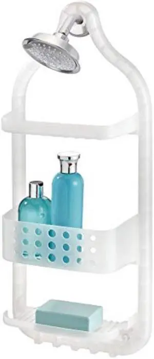InterDesign circlz Plastic Hanging Shower caddy, Extra Space for Shampoo, conditioner, and Soap with Hooks for Razors, Towels, Loofahs, and More 5 x 10.6 x 26 Frost White