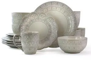Elama White Lace 16 Piece Luxurious Stoneware Dinnerware with Complete Setting for 4