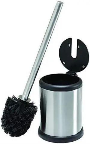 Bath Bliss Toilet Bowl Brush and Holder with Self Closing Lid Space Saver Deep Cleaning Finger Print Proof Finish Hygienic 4.5" Round by 14.75" high Stainless Steel