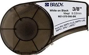 brady m21375595bk cartridge, b595 vinyl indoor/outdoor material, 0.375" w x 21' l, white on black