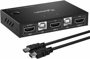 2 Ports KVM Switch HDMI, USB HDMI Switches for 2 Computers Share Wireless Keyboard Mouse and HD Monitor, Support Hotkey Switch and One Button Swapping, HD 4K (3840x2160)