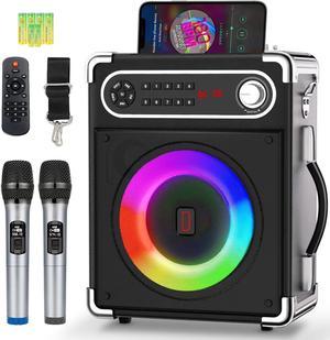Karaoke Machine with 2 Wireless Microphones,Portable Bluetooth 5.1 Speaker for Adults Kids,Bass/Treble Adjustment,PA System with Remote Control, Lights, Supports TF Card/USB, AUX in,TWS,FM,REC Party