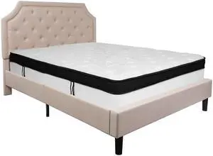 Brighton Queen Size Tufted Upholstered Platform Bed in Beige Fabric with Memory Foam Mattress